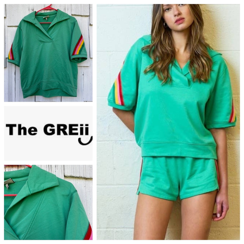 The GREii Green Wide Placket Summer Top Retro Stripe Short Sleeve M1953 Medium